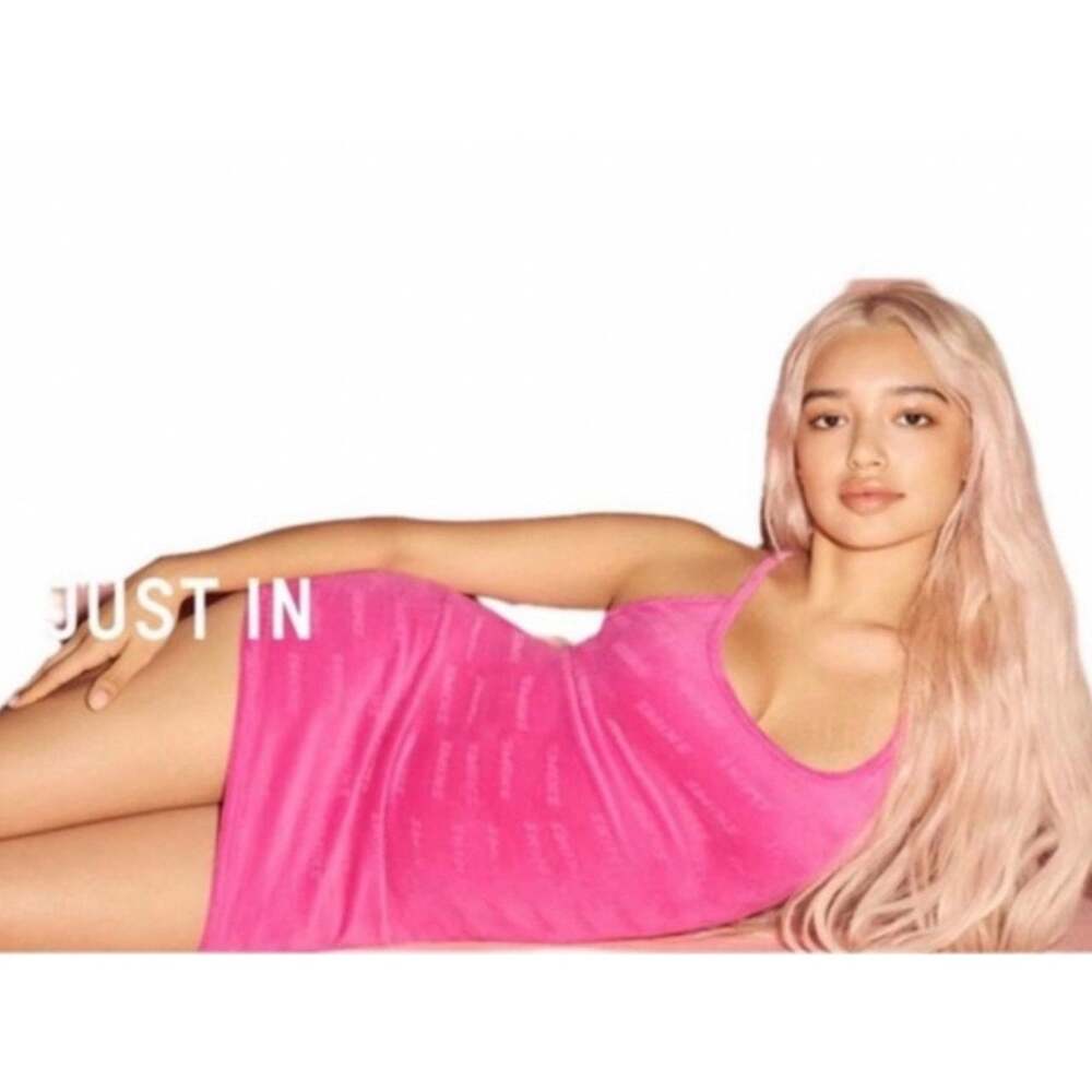 SKIMS Logo Velour Slip Dress XL Hot Pink Mini Criss Cross Back Bodycon EUC